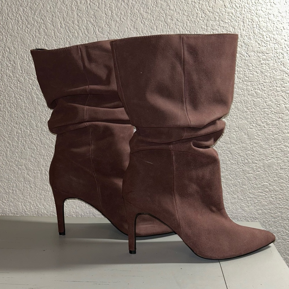 Chocolate Faux Suede Ruched Stiletto Ankle Boots